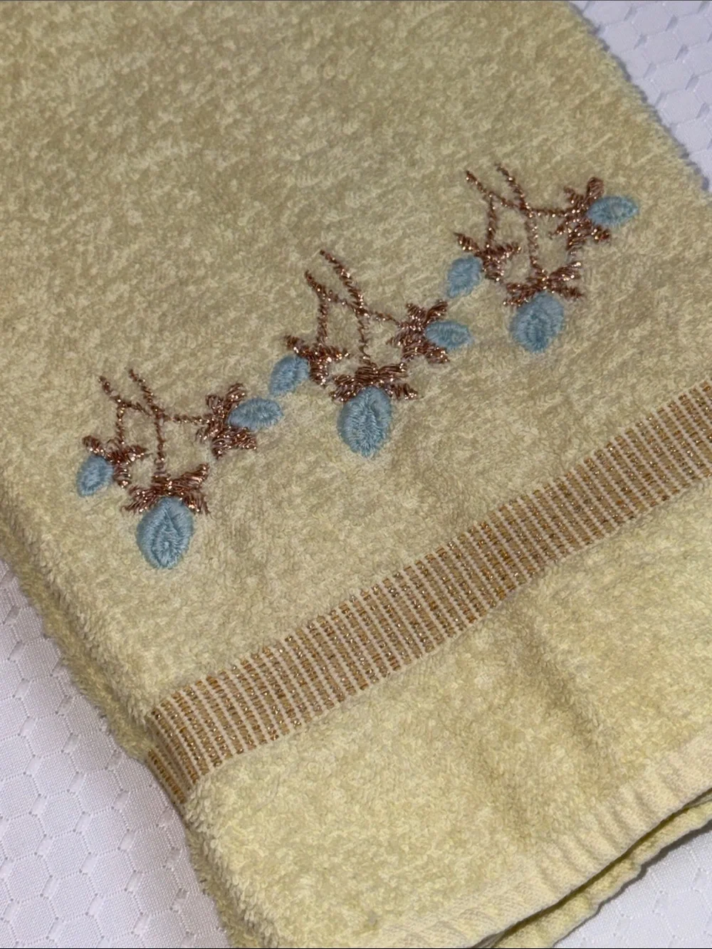 Cannon Vintage Yellow Embroidered Hand Towel with Blue flowers. Made in the USA